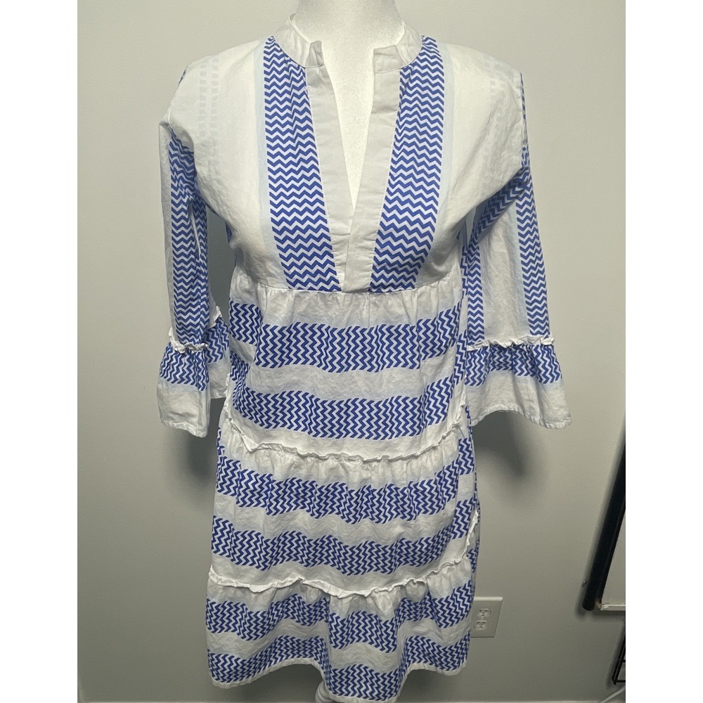 Bindu Womens Cotton Striped V-Neck 3/4 Sleeve Dress White Blue S Made In India